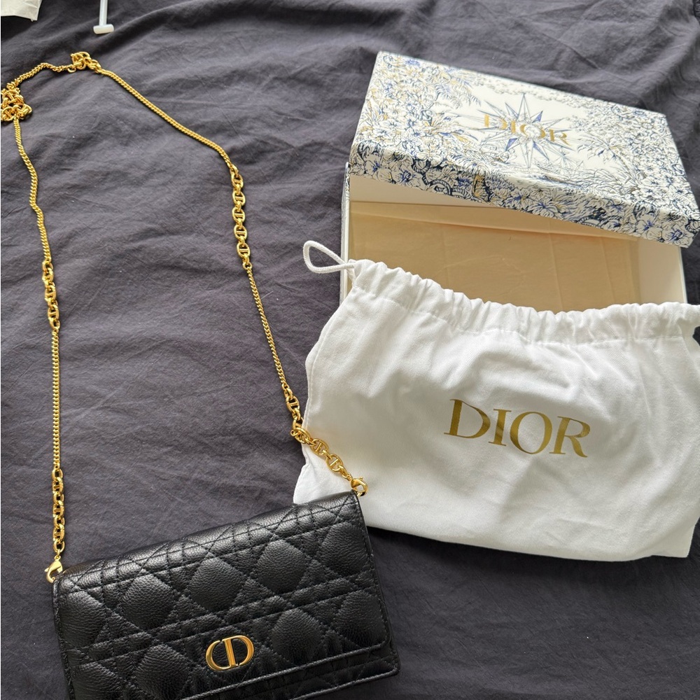 Dior Black Quilted Leather Crossbody Wallet with Gold Chain